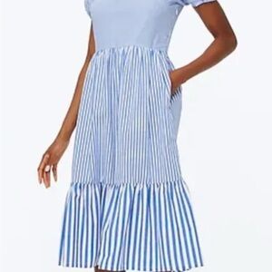 J. Crew Blue and White Tiered Ruffle Midi Sundress size 14 puff sleeve